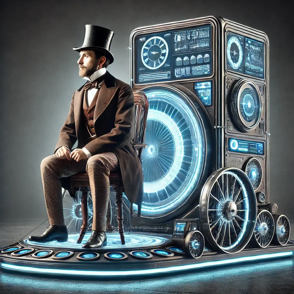 sageandspark/DALL·E-2024-09-26-12.37.33-A-Victorian-era-man-dressed-in-19th-century-attire-sitting-on-a-futuristic-time-machine.-The-machine-has-sleek-modern-technology-with-digital-scree.webp